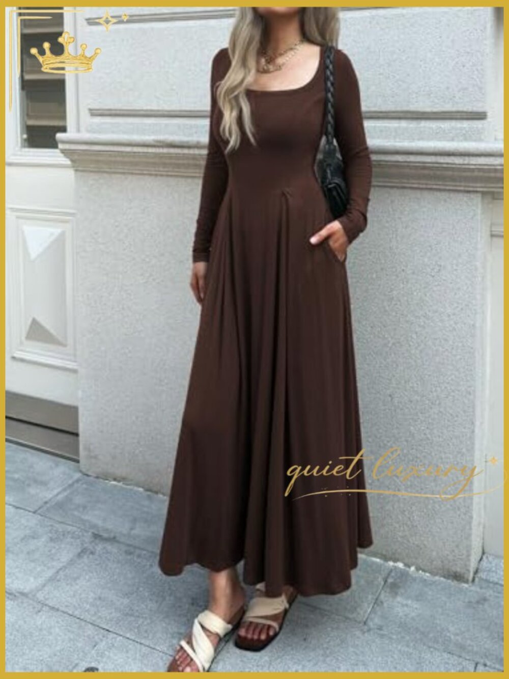Women Long Sleeve Square Neck Maxi Dress A-Line Pleated Flowy with Pockets - Picture 4 of 6